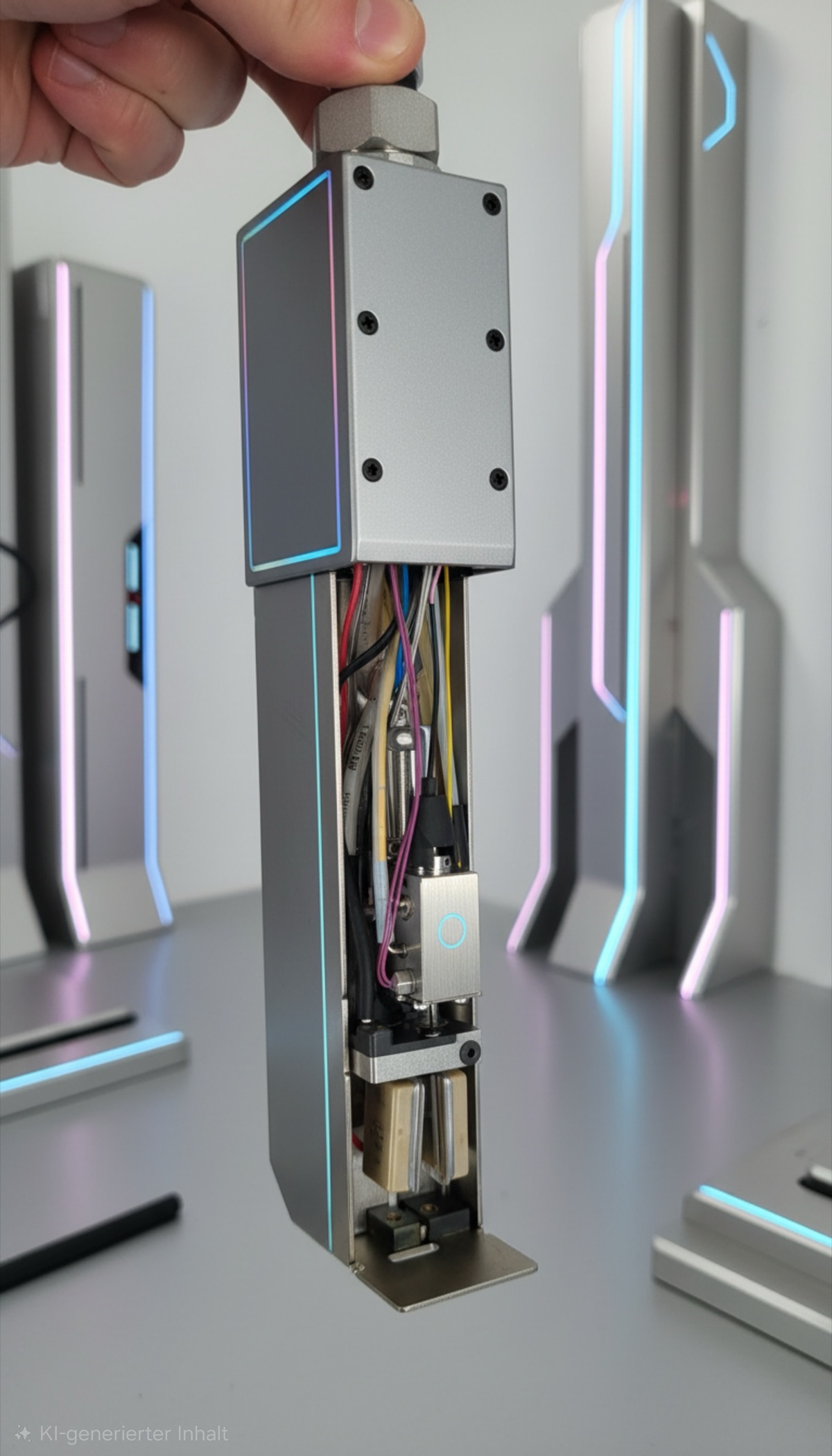 Geöffnetes Inkjet-Druckkopf-Modul mit Tintensystem und Elektronik in der Hand gehalten